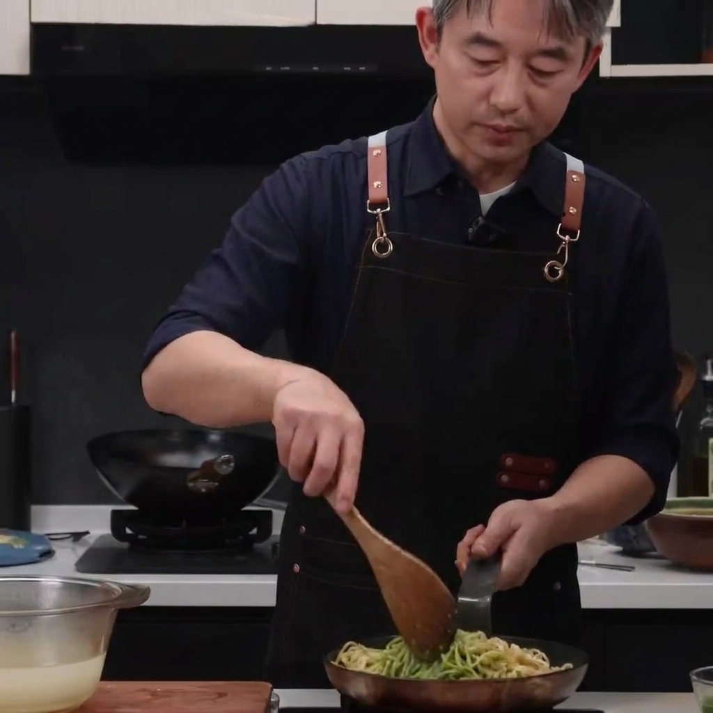 주걱 두 개를 사용하여 파스타와 페스토를 섞는 모습.