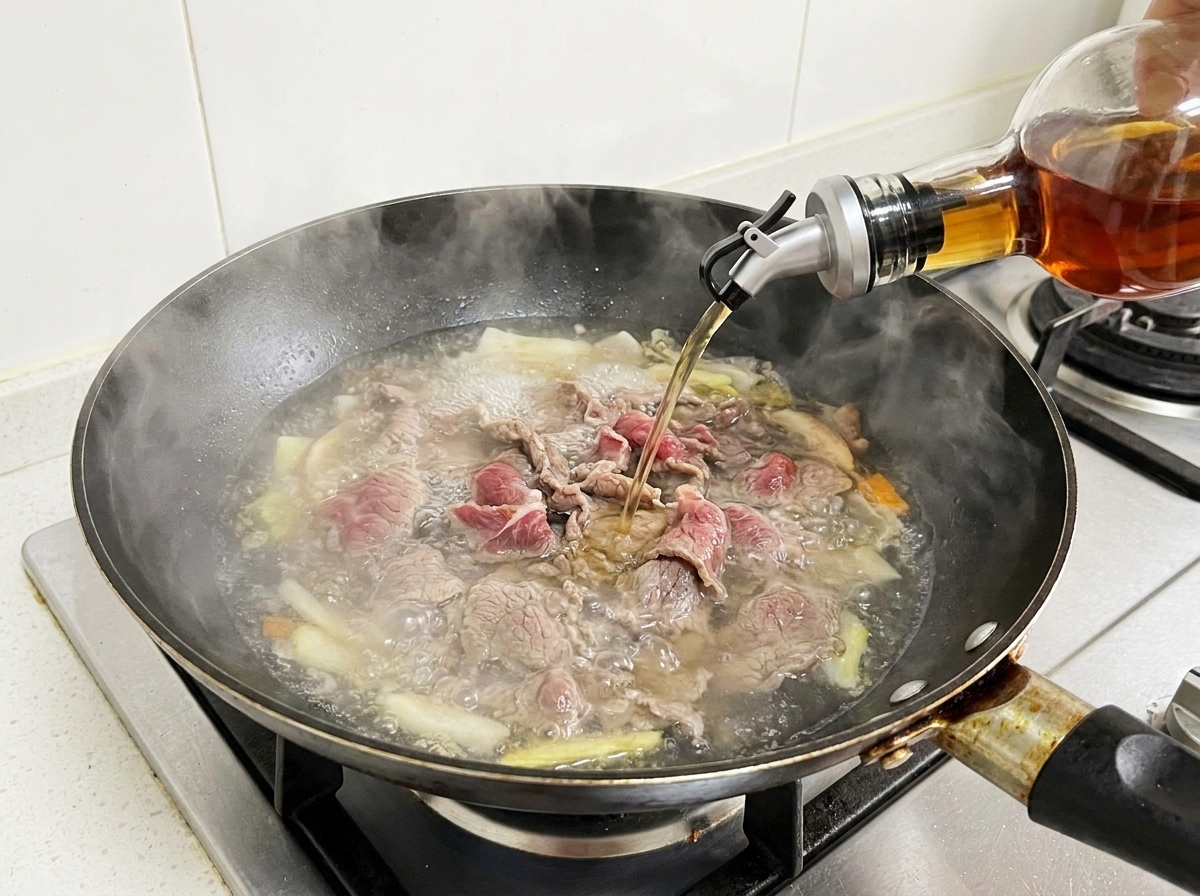 끓고 있는 고기 냄비에 맛술을 붓는 모습.