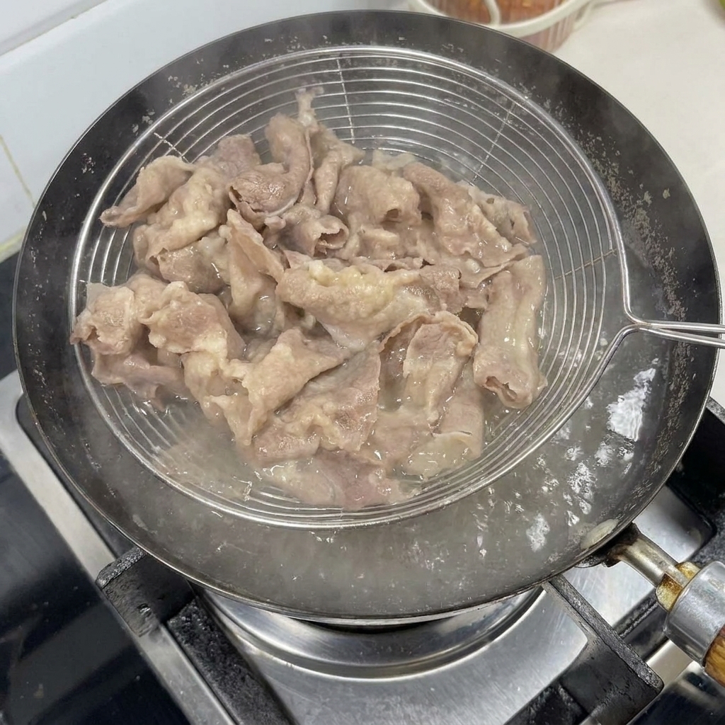 거름망으로 데친 소고기를 건져내는 모습.