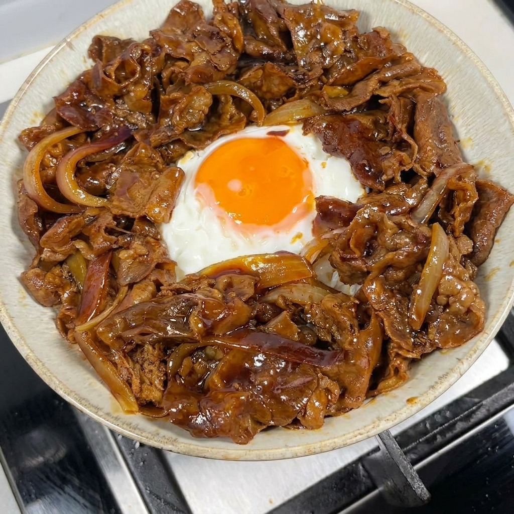 밥과 달걀프라이 주변에 완성된 소고기 볶음을 담은 모습.
