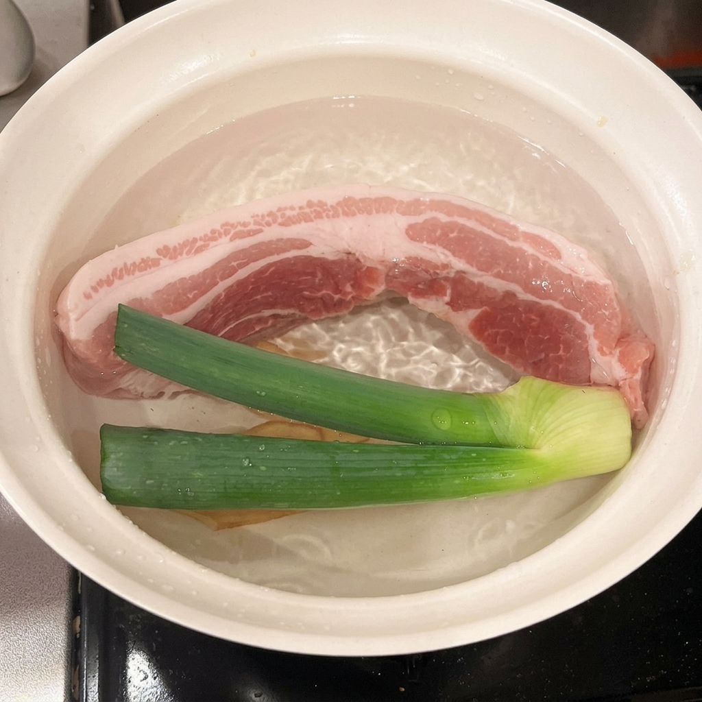 돼지고기, 대파, 생강이 든 냄비에 청주를 붓는 모습.