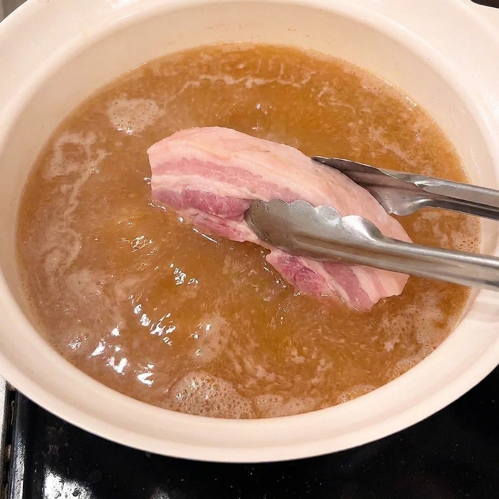 데친 돼지고기를 갈색의 조림액이 담긴 냄비에 넣는 모습.