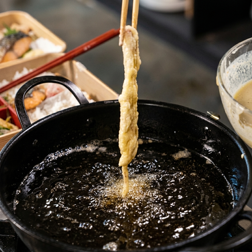 기름에 반죽을 입힌 새우를 넣어 바삭한 모양을 만드는 모습.