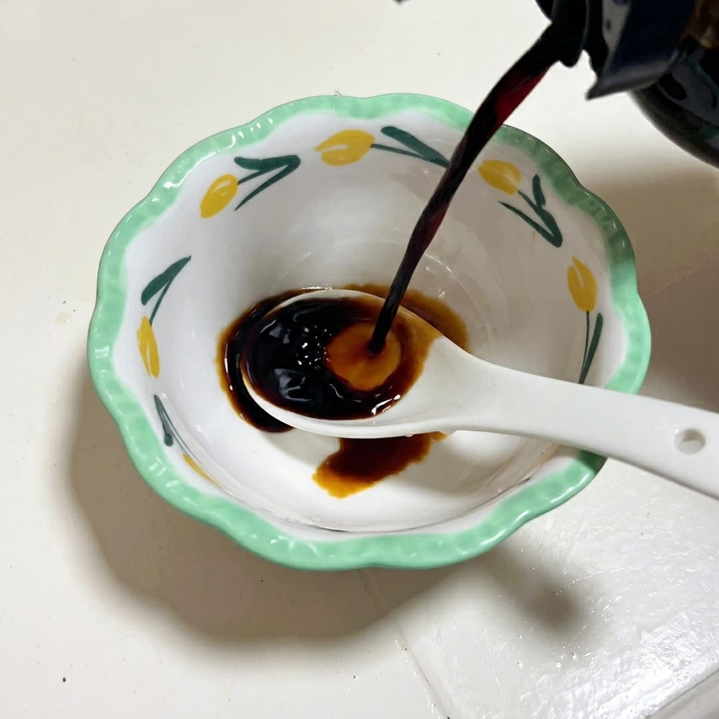 작은 그릇에 간장과 양념 재료를 넣고 숟가락으로 섞는 모습.