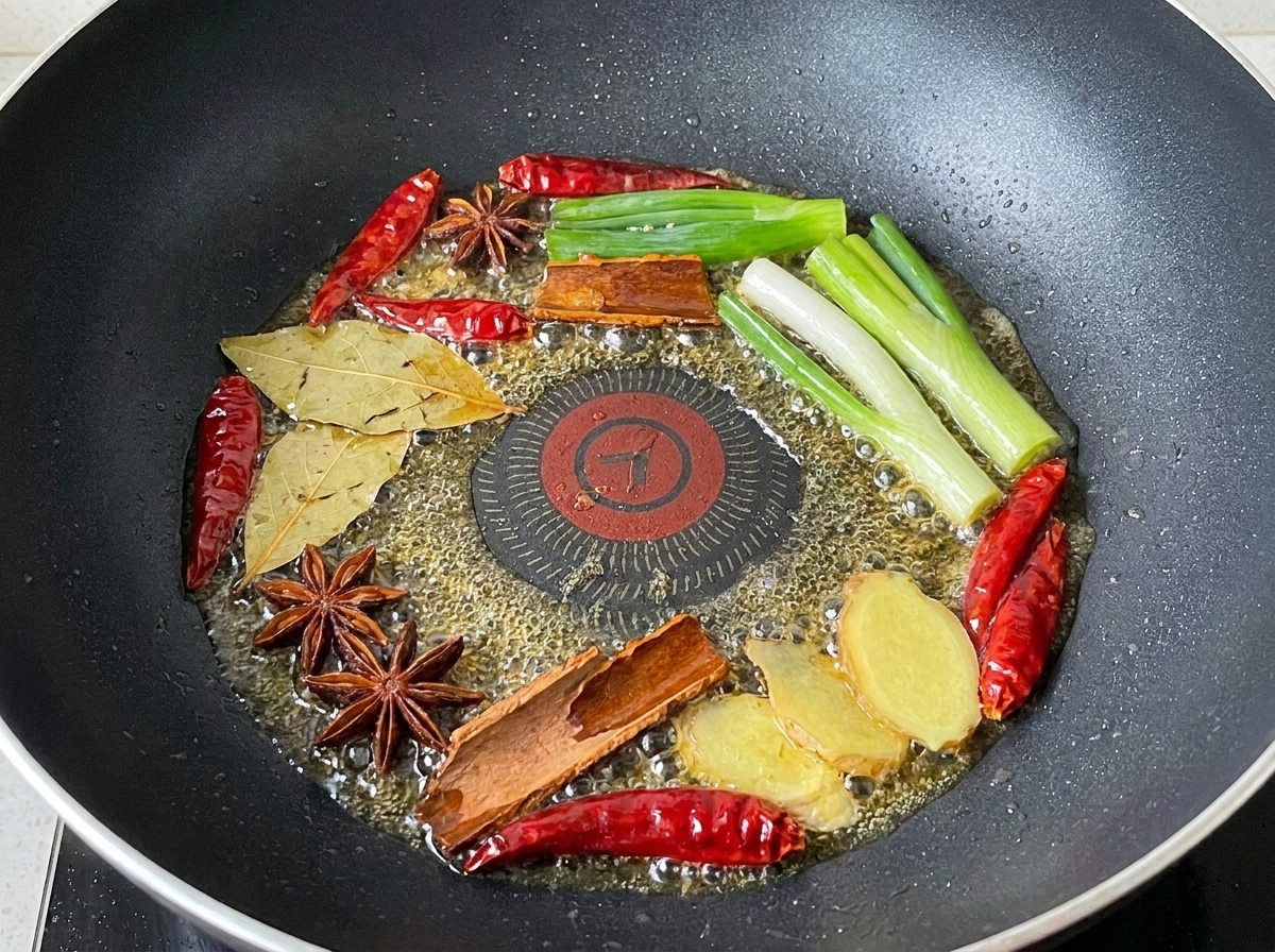 기름에 대파, 말린 고추, 향신료를 넣고 볶는 모습.