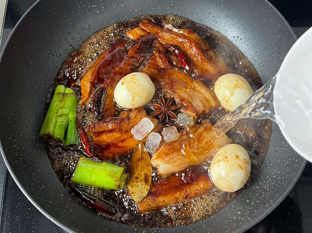 삼겹살, 달걀, 향신료가 물과 함께 냄비에서 졸여지는 모습.