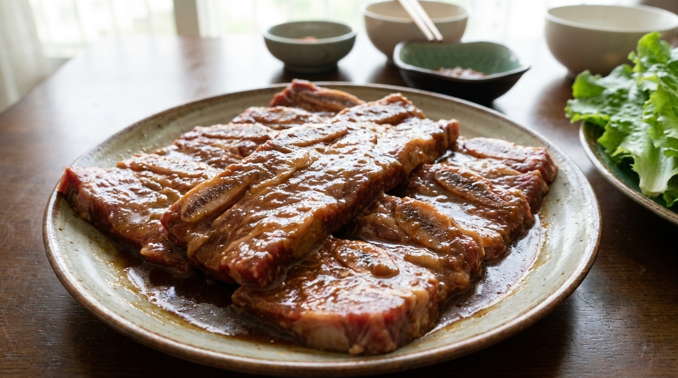 풍부하고 맛깔스러운 간장 기반 양념에 재워 그릴에 굽기 직전의 소갈비.
