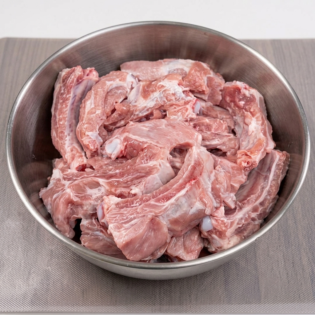 찬물에 담겨 있는 신선한 생돼지갈비.