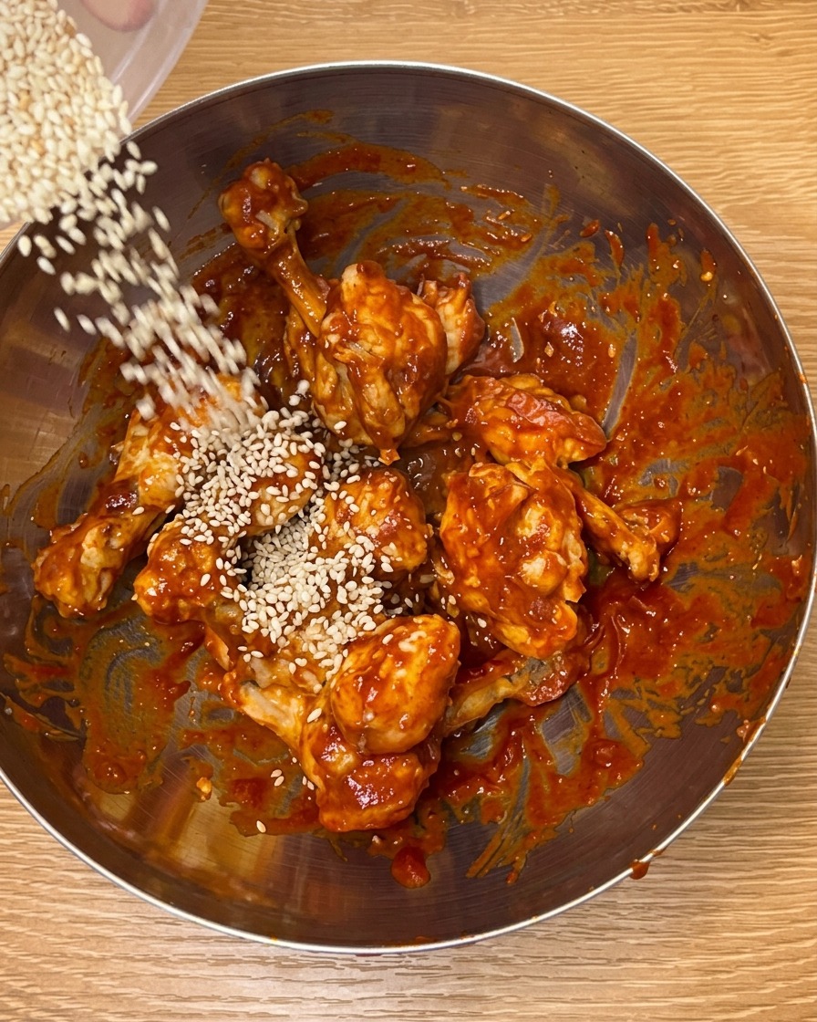 그릇에 담긴 양념 치킨 위로 볶은 흰깨를 뿌리는 모습.