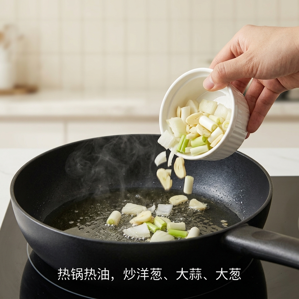 기름을 두른 팬에 마늘, 대파, 적양파를 넣고 볶는 모습.