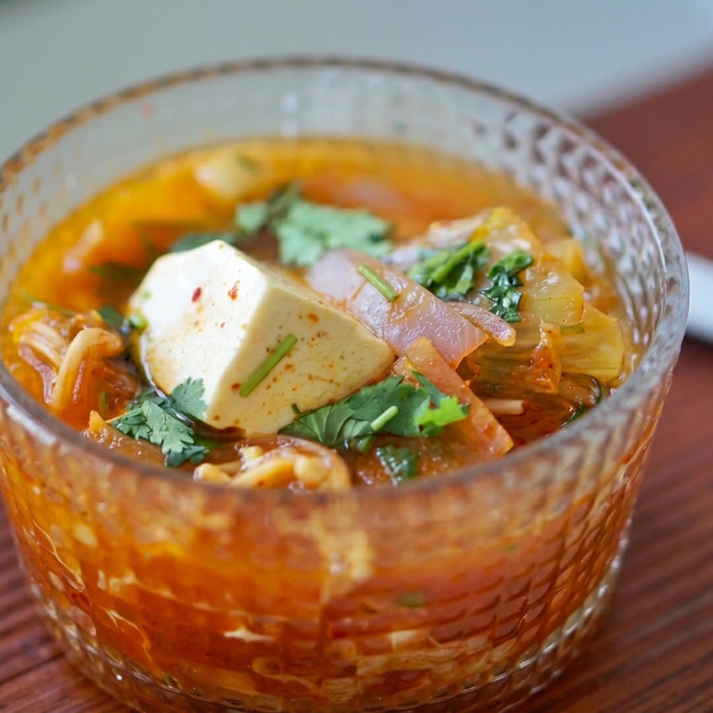 보글보글 끓는 김치찌개에 두부 조각을 넣는 모습.