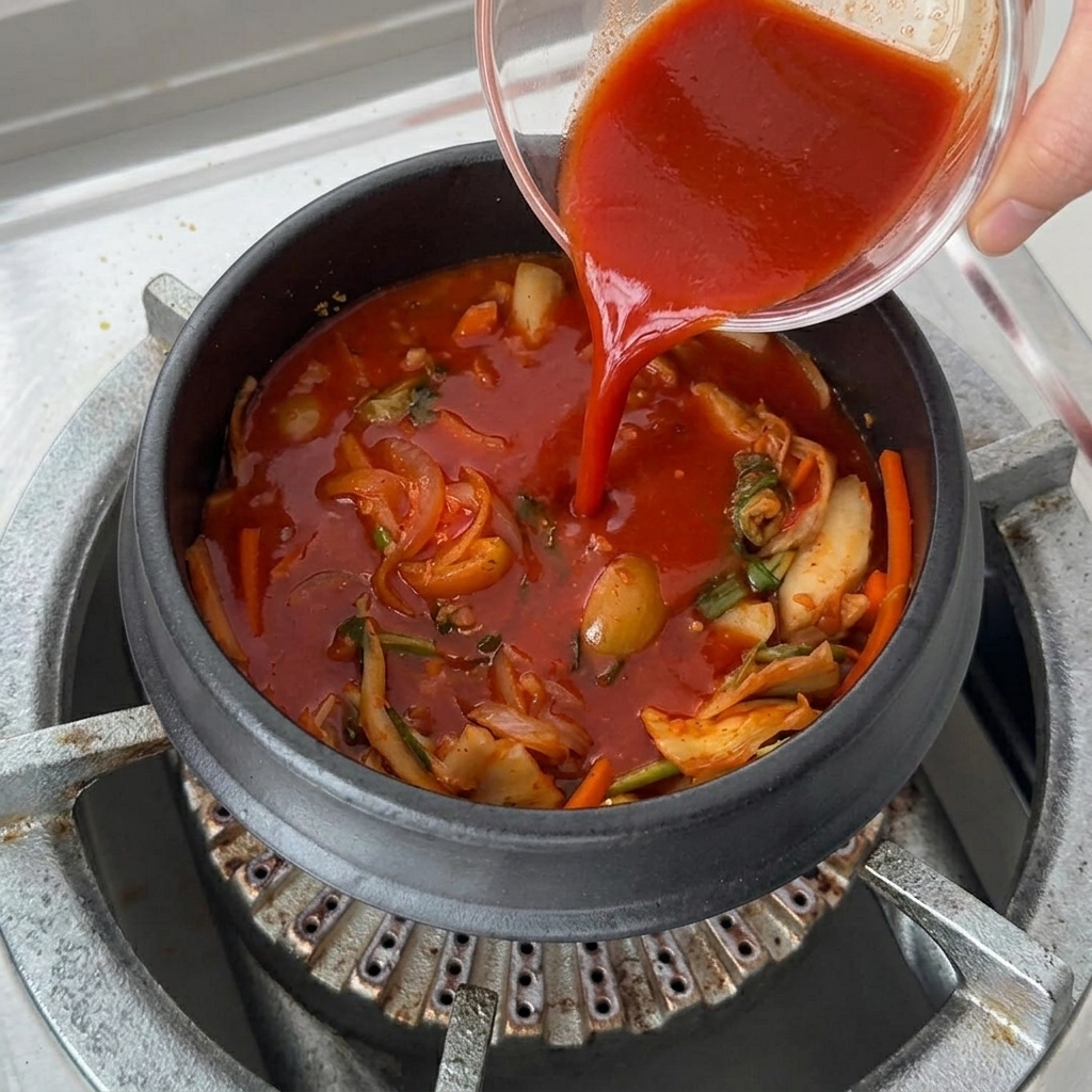 끓는 국물 위에 슬라이스한 두부와 팽이버섯을 올리는 모습.