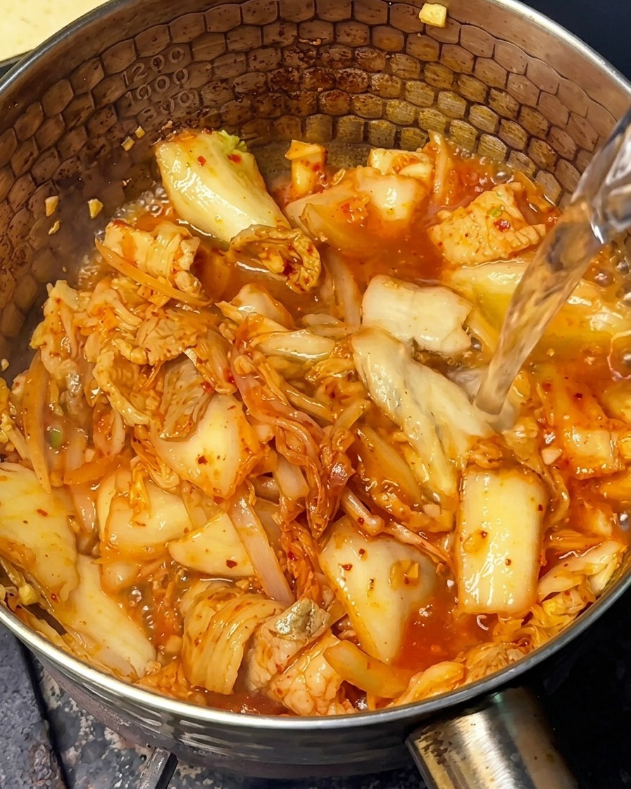 볶은 재료 위에 뜨거운 물을 붓는 모습.