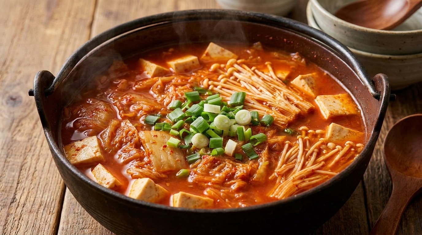 부드러운 두부와 신선한 팽이버섯을 곁들인 보글보글 끓는 먹음직스러운 김치찌개.