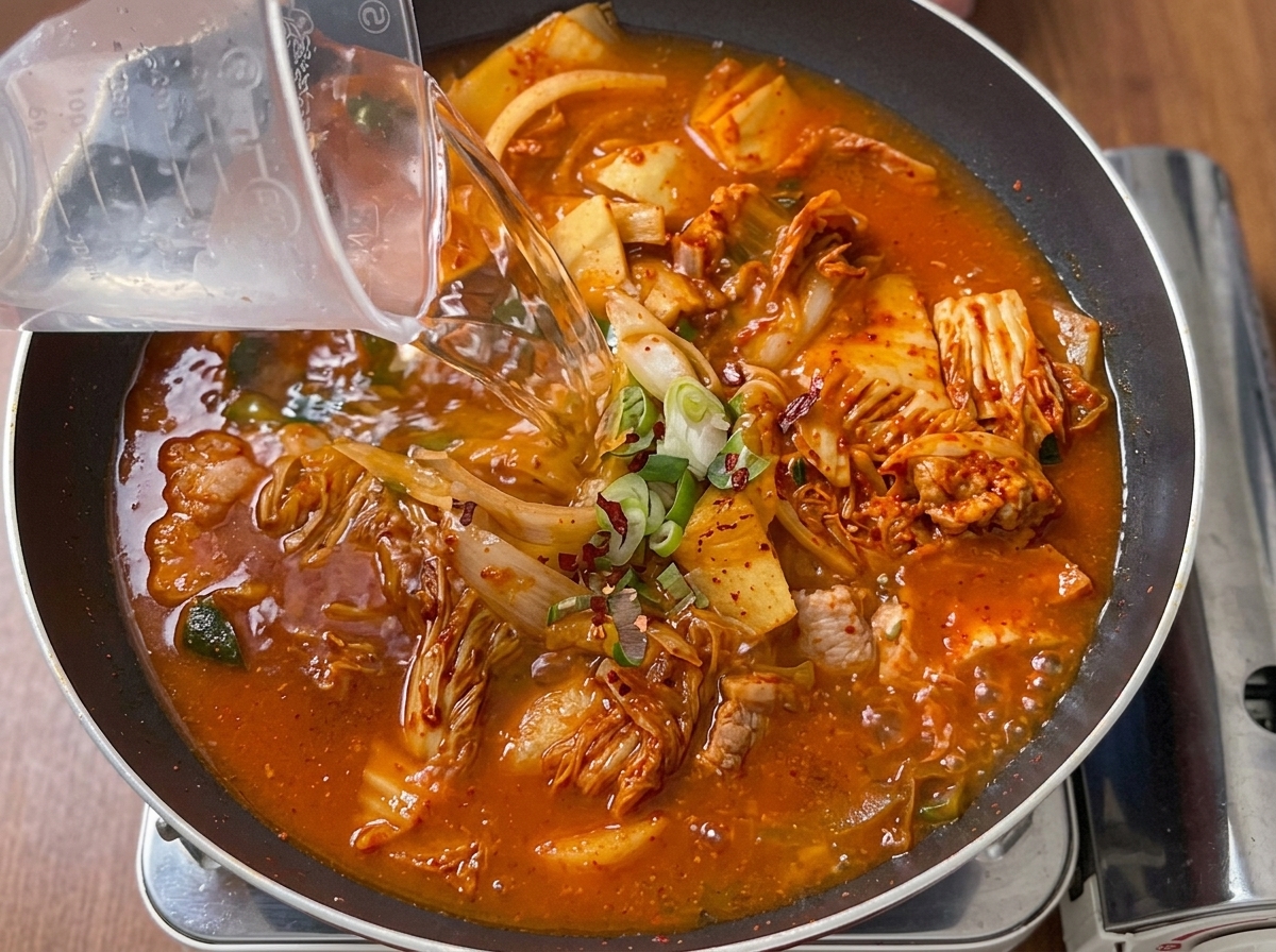 김치와 돼지고기를 볶는 냄비에 물을 붓는 모습.