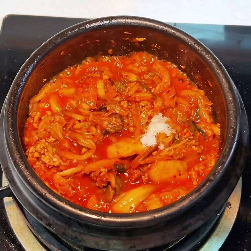 볶은 재료에 설탕을 넣는 모습.