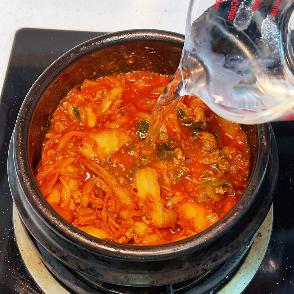 김치 재료에 뜨거운 물을 붓는 모습.