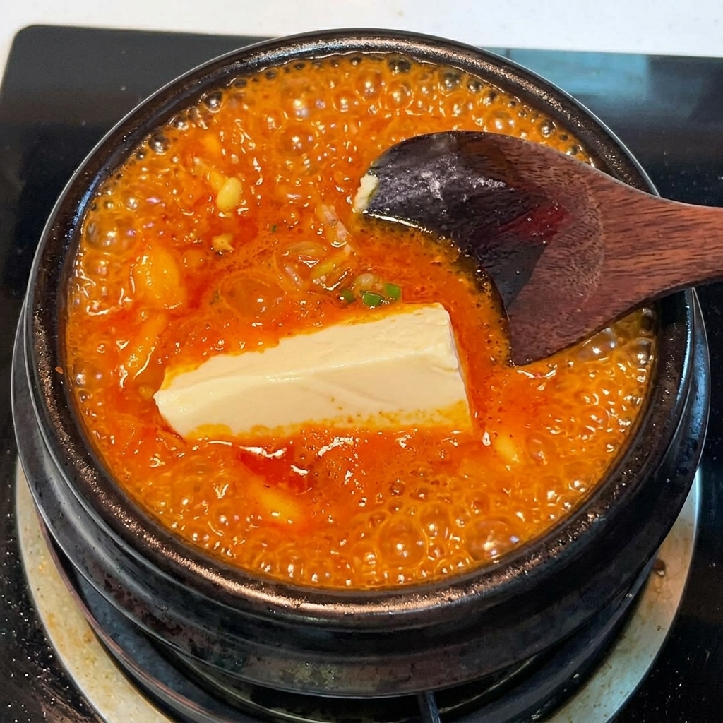 찌개에 순두부를 넣는 모습.