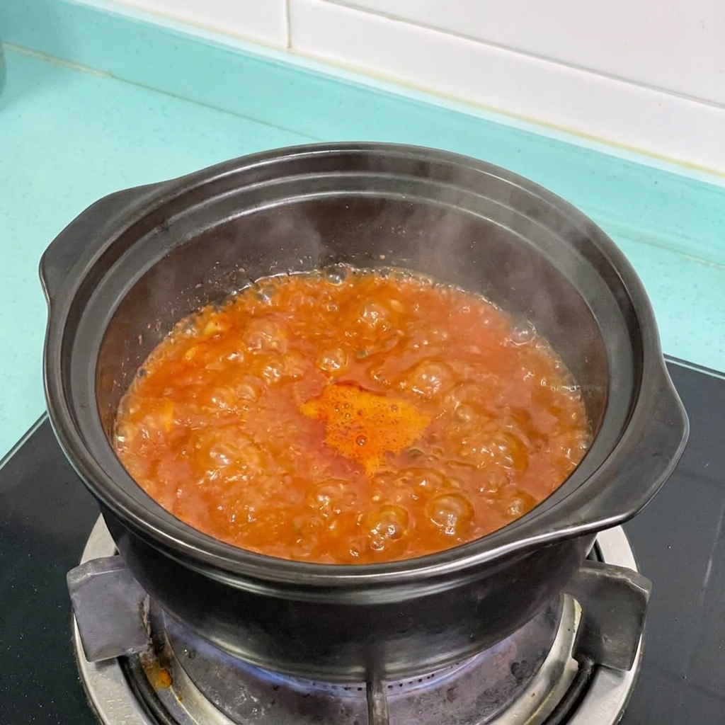 끓고 있는 붉은 국물에 양파와 순두부를 조심스럽게 넣는 모습.