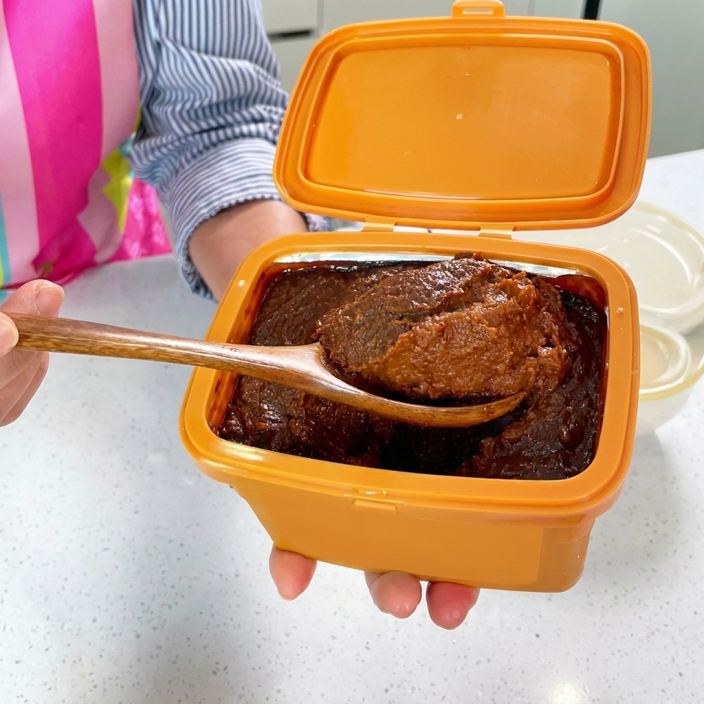 쌀뜨물이 담긴 뚝배기에 된장을 한 숟가락 넣는 모습