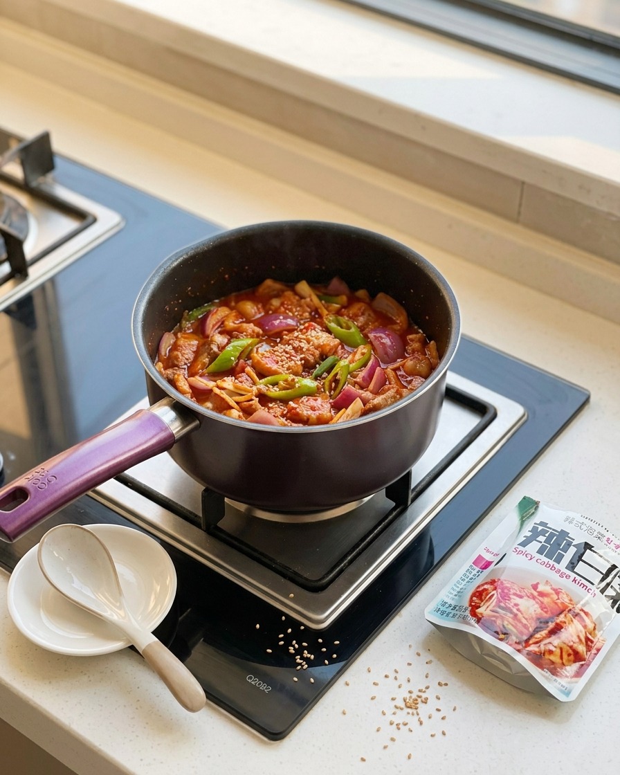 볶은 삼겹살과 채소에 김치를 넣고 함께 볶는 모습.