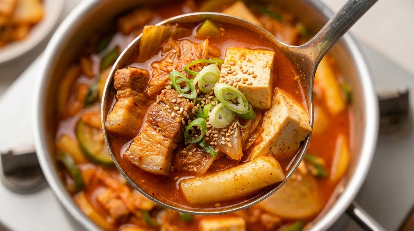 매콤한 삼겹살 떡두부찌개
