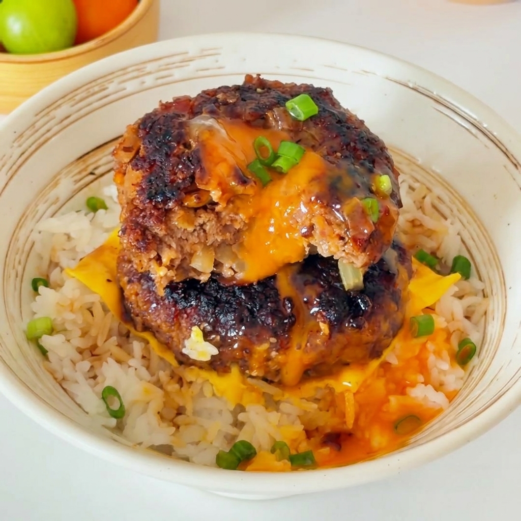 따뜻한 쌀밥 위에 치즈 한 장을 올리는 모습.