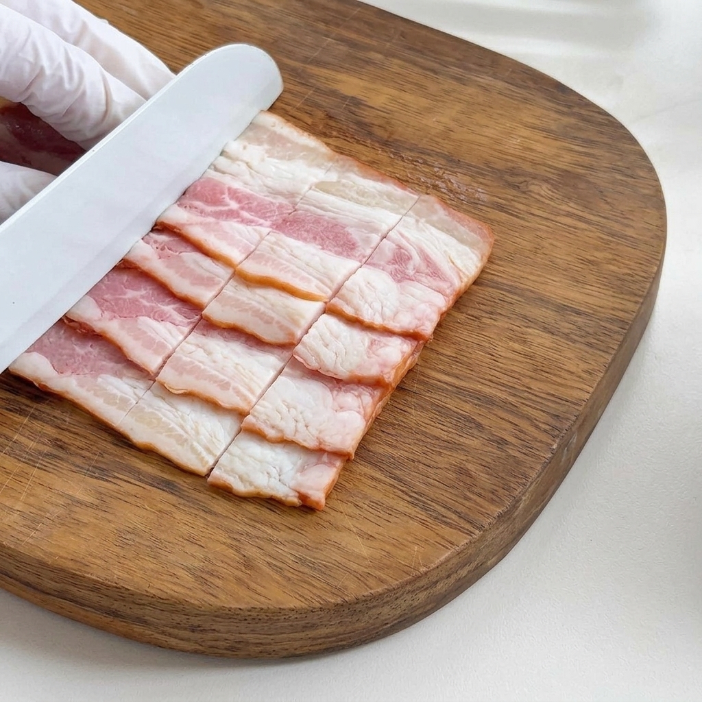 도마 위에서 균일한 크기로 썬 베이컨 조각들.