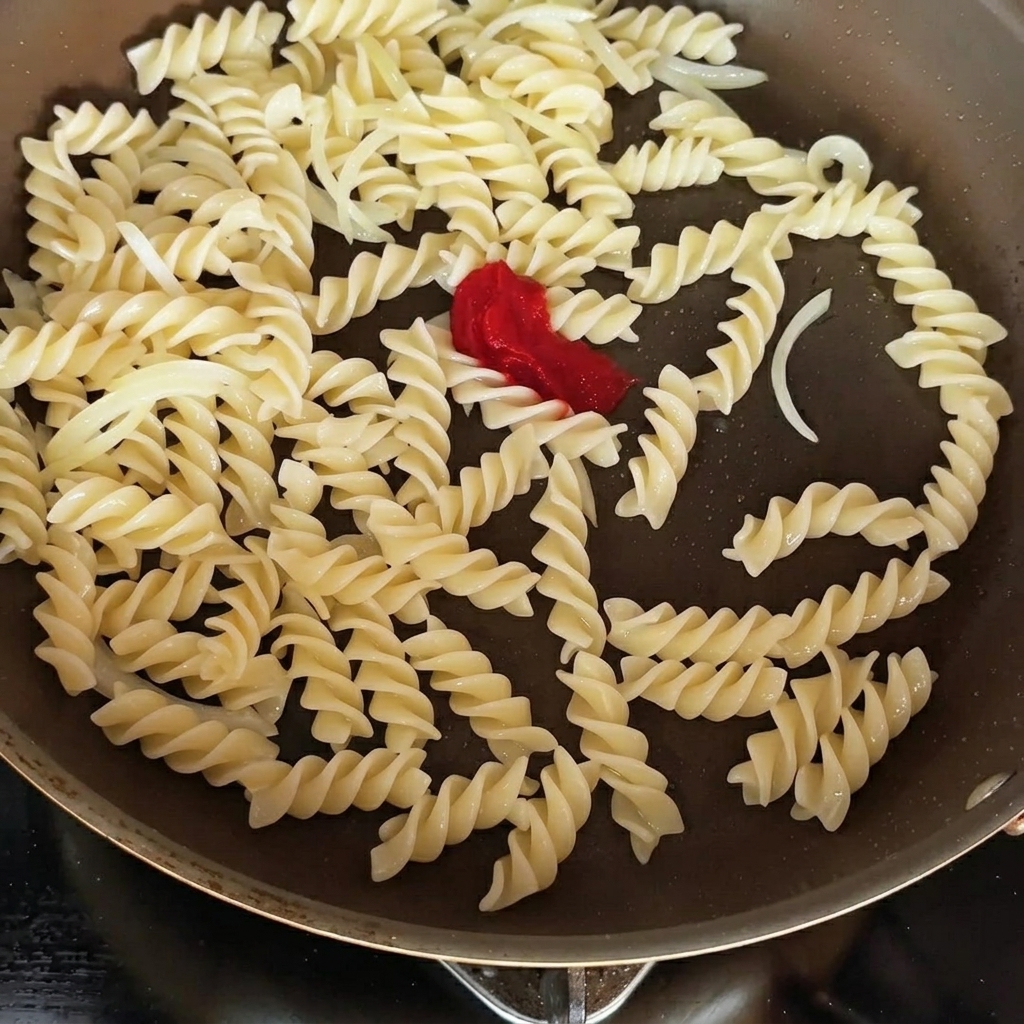토마토 페이스트와 간장으로 양념하여 볶기 직전의 파스타 팬.