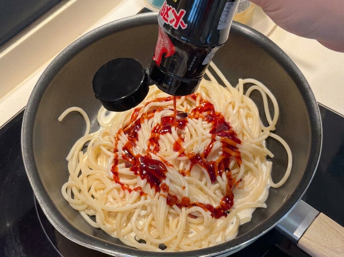 면 위에 매콤한 불닭 소스를 뿌리는 모습.