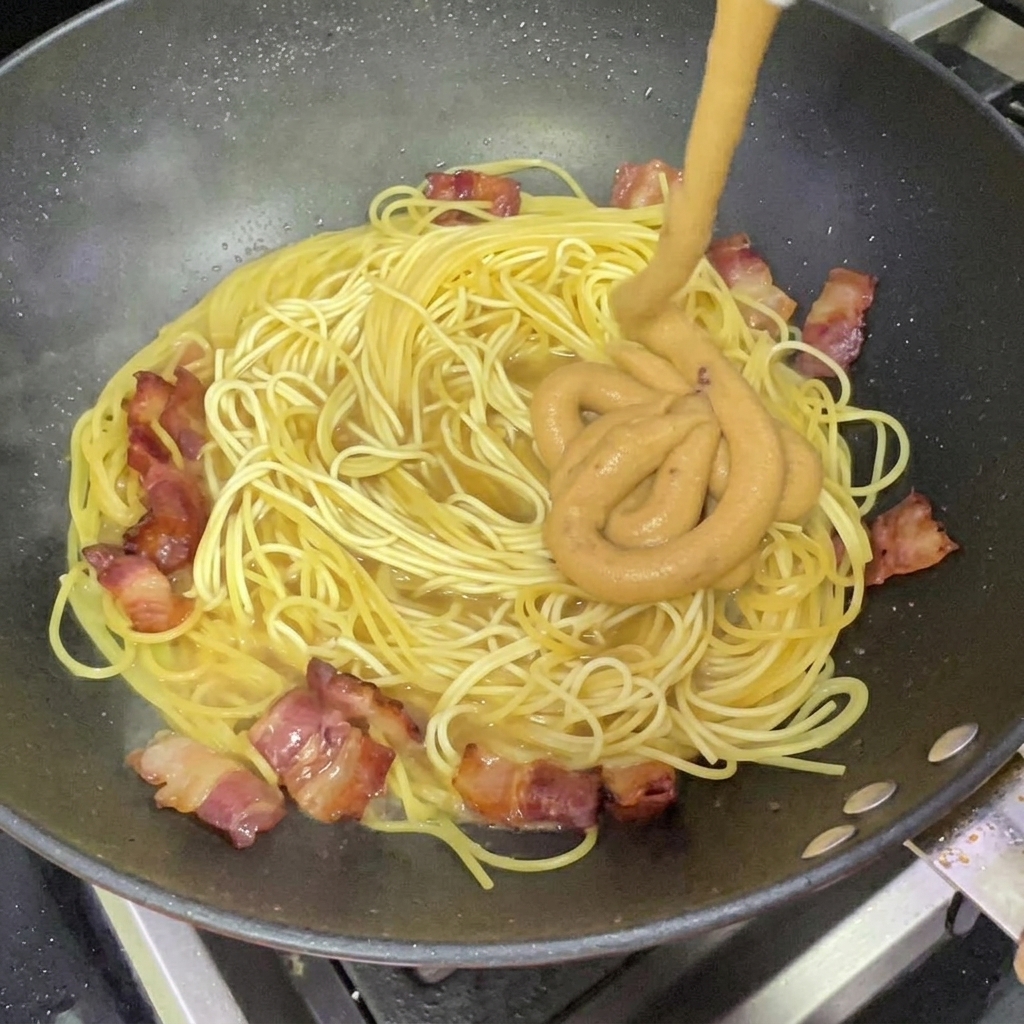팬 안의 스파게티 위에 진한 치즈 크림소스를 붓는 모습.