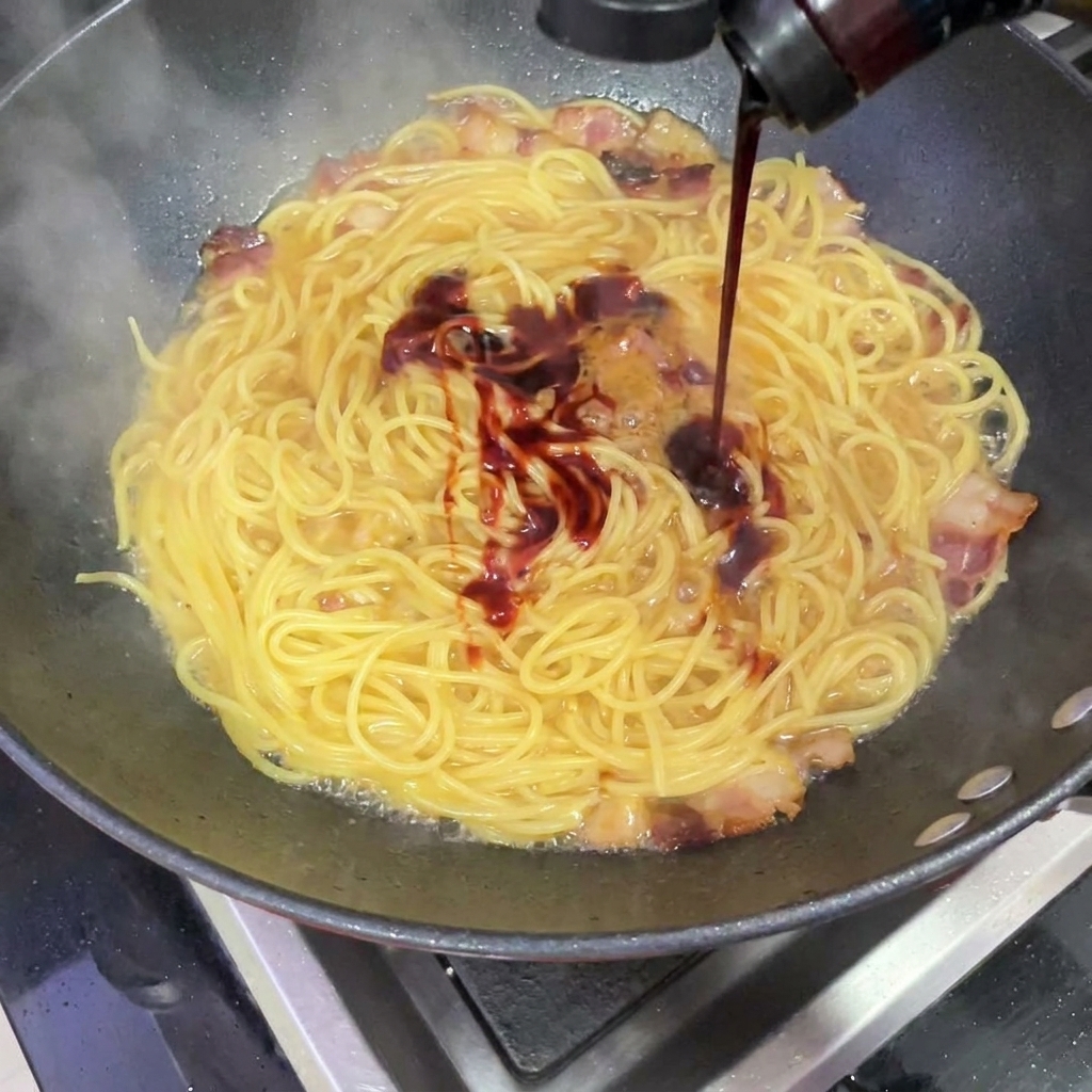 끓고 있는 스파게티와 베이컨 위에 검붉은 매운 불닭 소스를 붓는 모습.