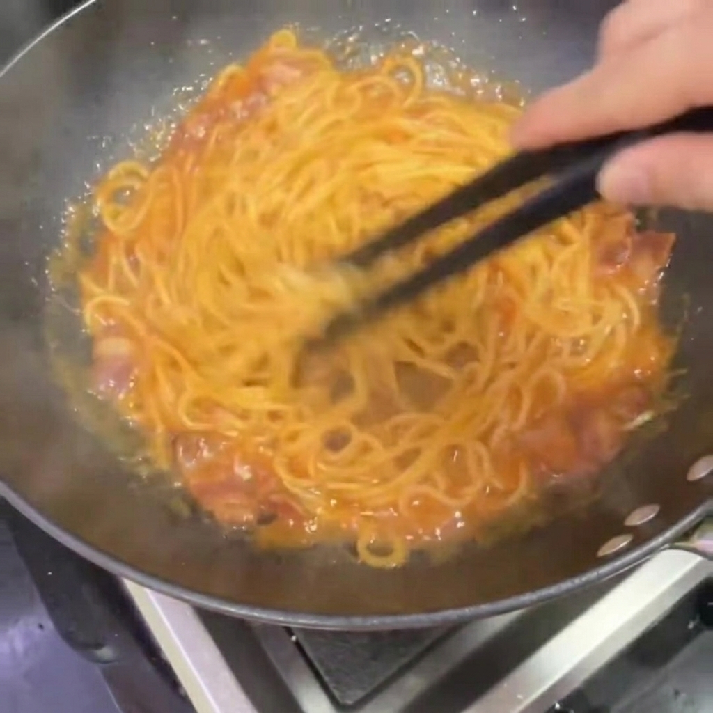 팬 안에서 젓가락으로 스파게티를 섞어 매콤한 크림소스를 입히는 모습.