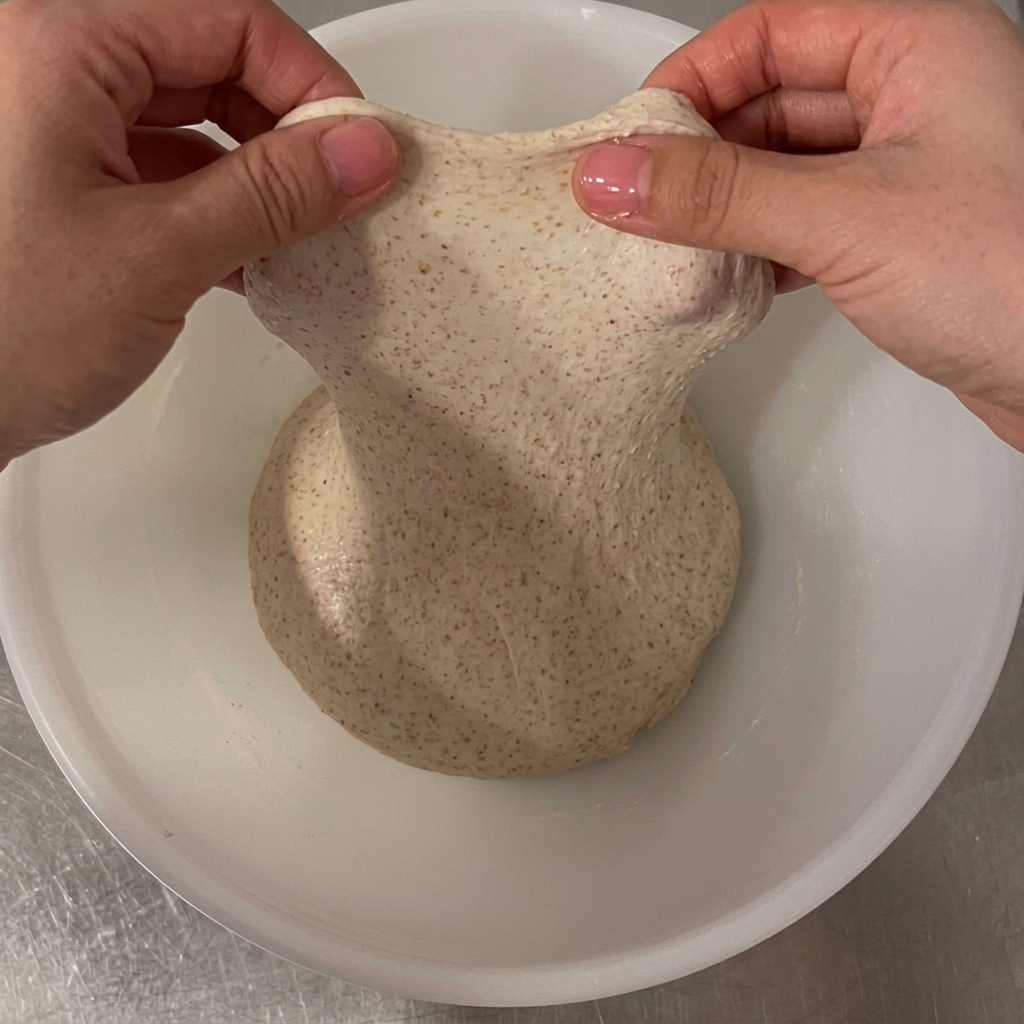 생반죽의 일부를 들어 올려 튼튼하고 탄력 있는 글루텐 막을 확인하는 손.