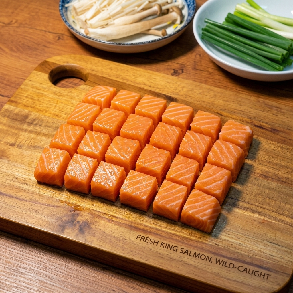 도마 위에 놓인 밝은 오렌지색의 신선한 생연어를 일정한 크기로 깍둑썰기한 모습.