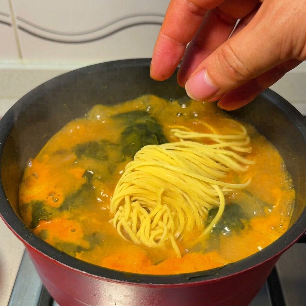 끓고 있는 국물 냄비에 쫄깃한 생 라멘 면을 넣는 모습.