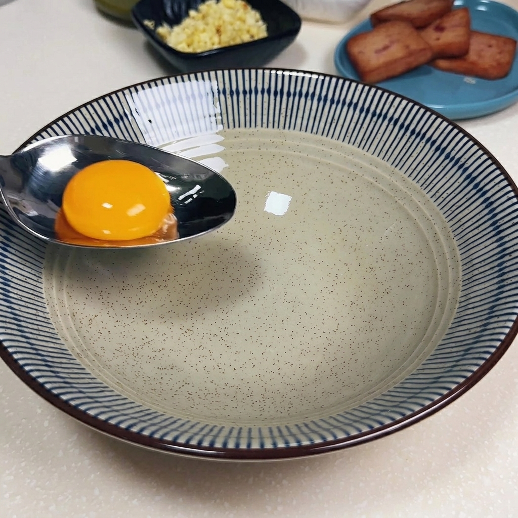 라면 그릇에 달걀 노른자, 다진 마늘, 대파, 마요네즈, 라면 스프를 넣고 섞어둔 모습.