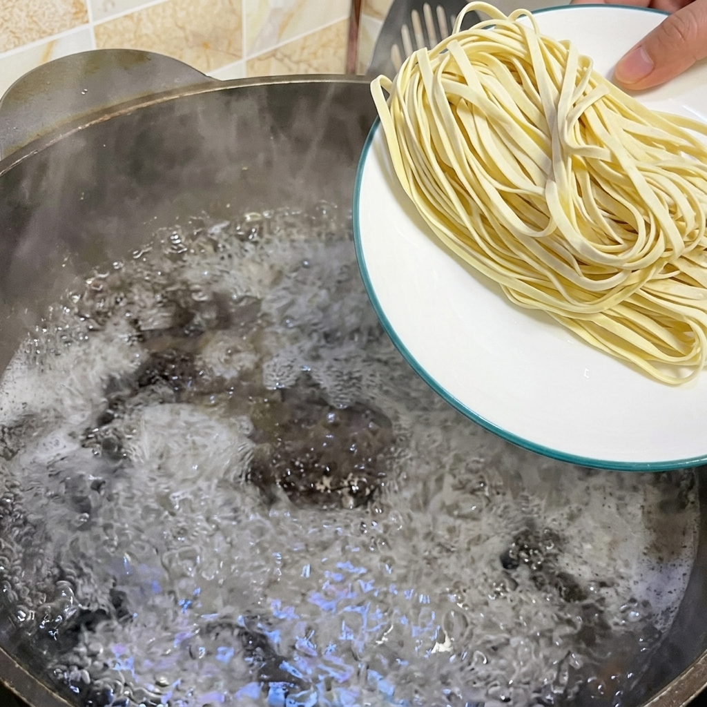 끓는 물이 담긴 냄비에 납작한 생면을 미끄러지듯 넣고 있는 모습.