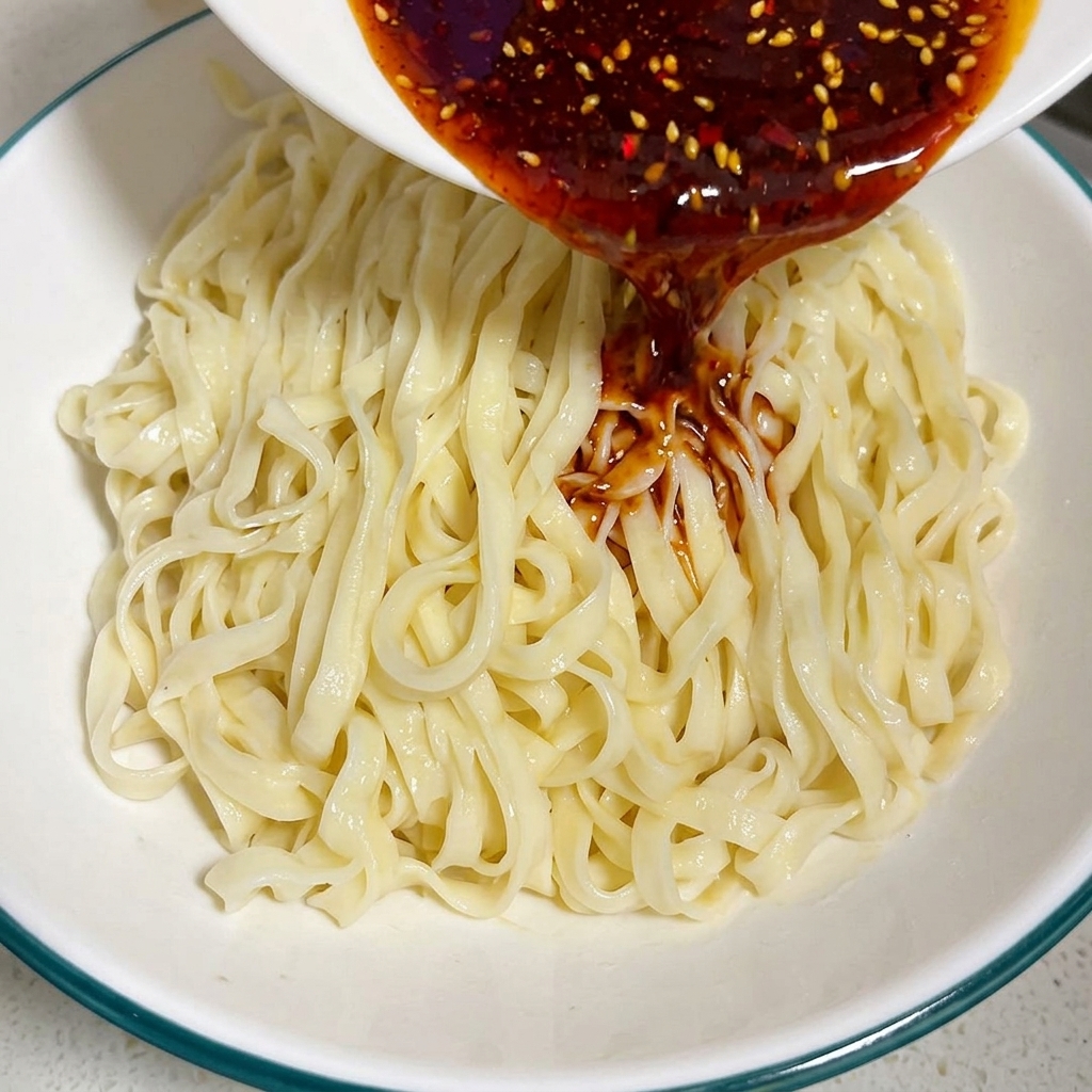 큰 그릇에 담긴 조리된 납작한 면 위로 진하고 붉은 카레 소스를 붓고 있는 모습.