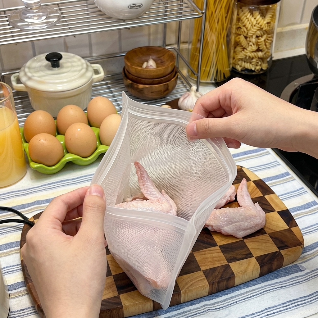 닭날개를 비닐봉지에 넣고 간장에 버무리는 모습.