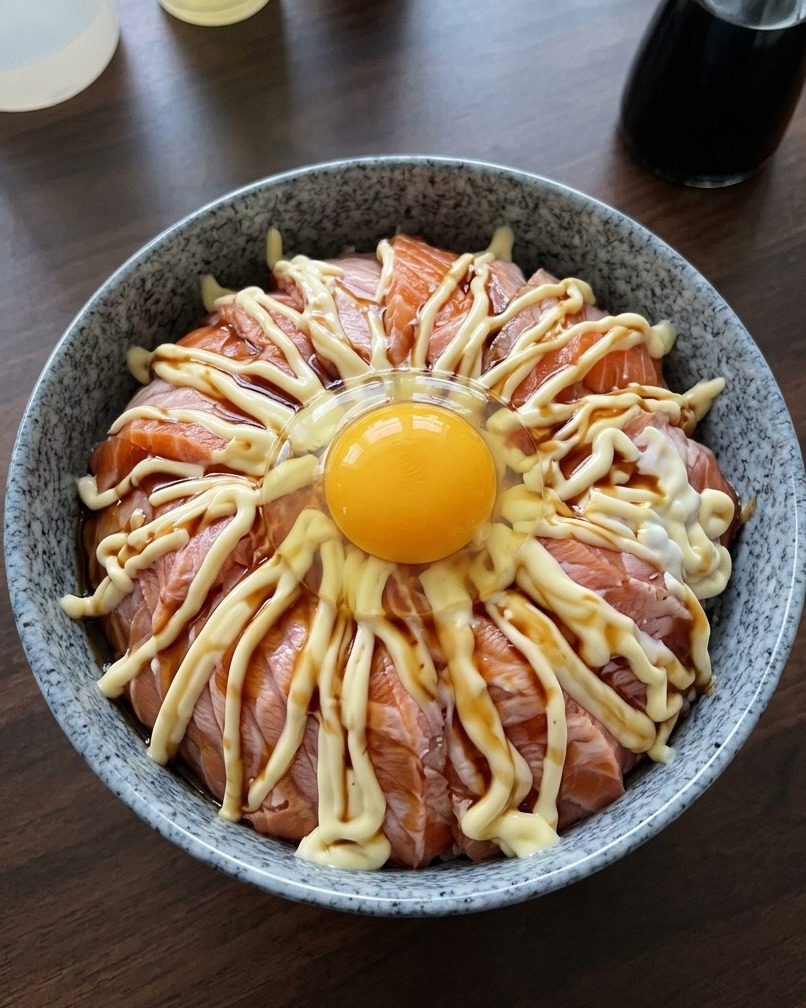 완성된 연어 덮밥 중앙에 온천 달걀을 올린 모습.