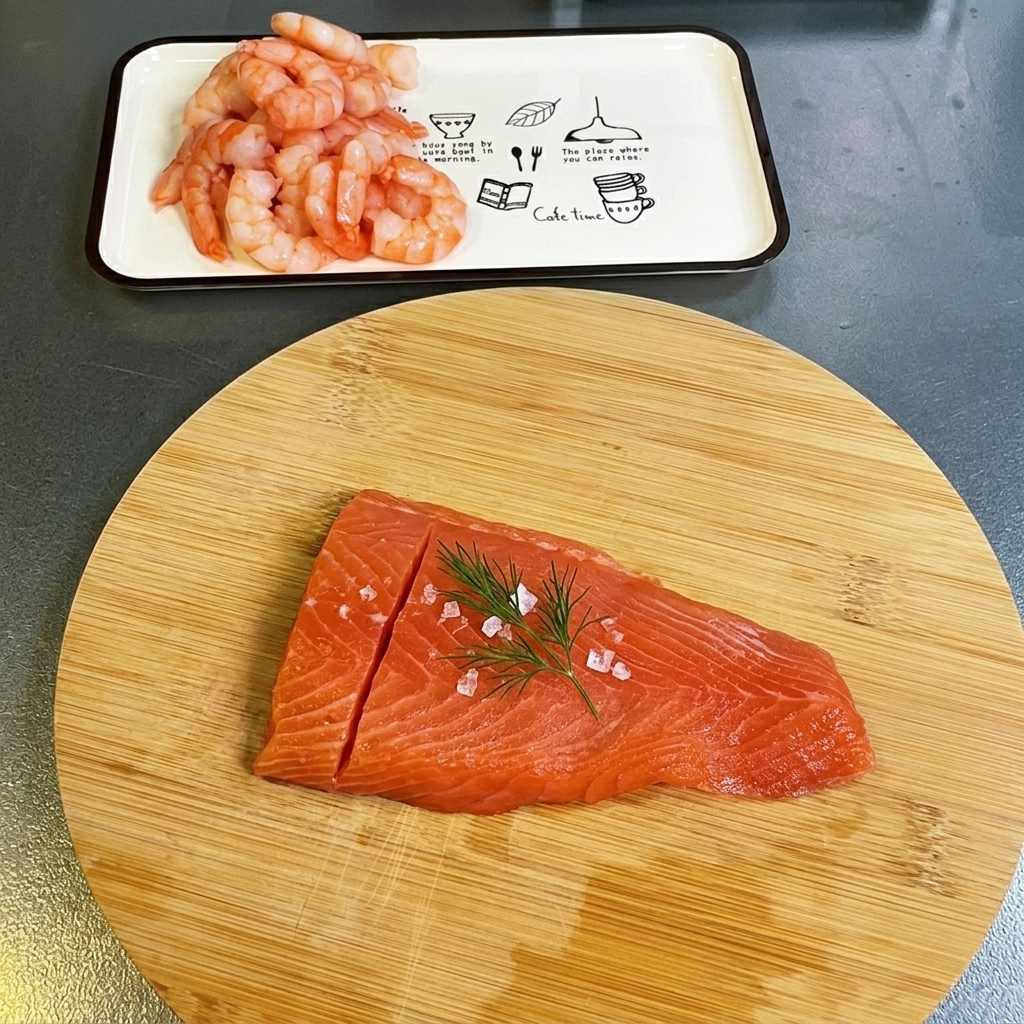 도마 위에서 신선한 연어를 한입 크기로 정갈하게 썰어 놓은 모습.