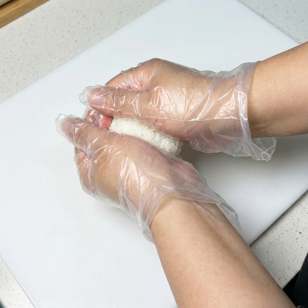 위생 장갑을 낀 손으로 간이 된 밥을 작고 단단한 타원형 모양으로 빚는 모습.