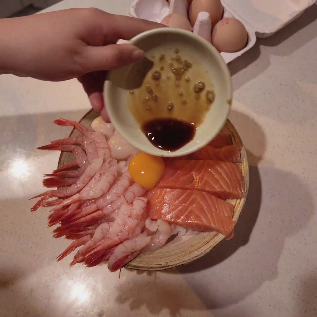 그릇 위에 양념 간장을 가볍게 뿌리는 모습.