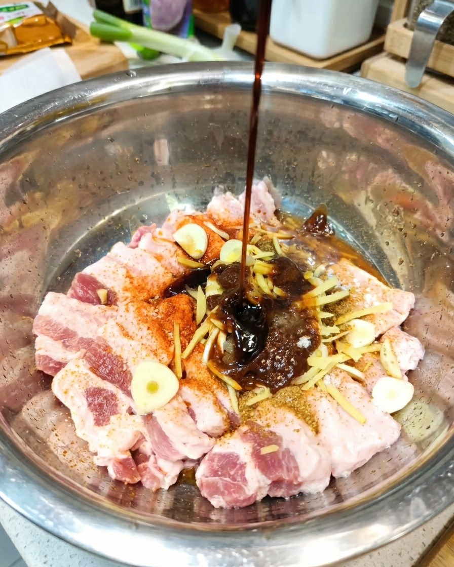 양념된 삼겹살 위로 액체 양념을 붓는 모습.