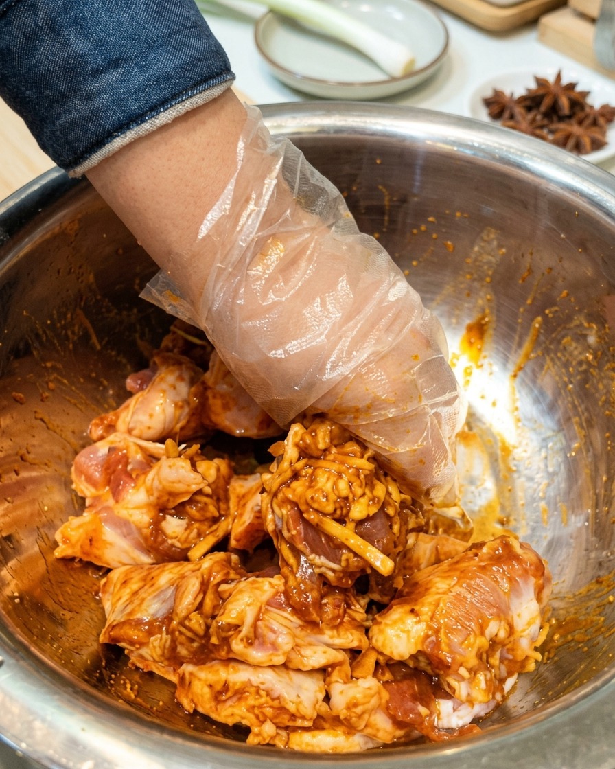 장갑을 낀 손으로 삼겹살을 양념과 버무리는 모습.