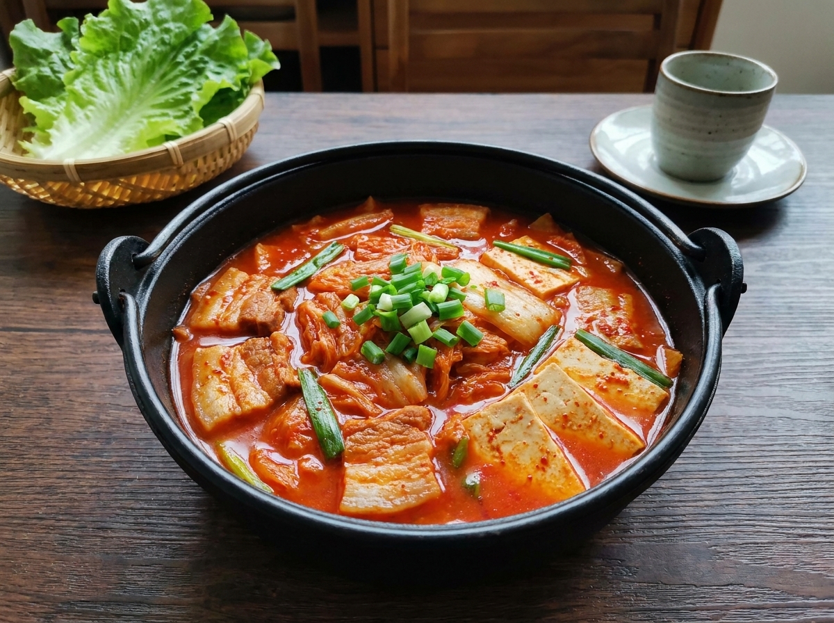 냄비에 김치, 고추장, 고춧가루를 넣는 과정.