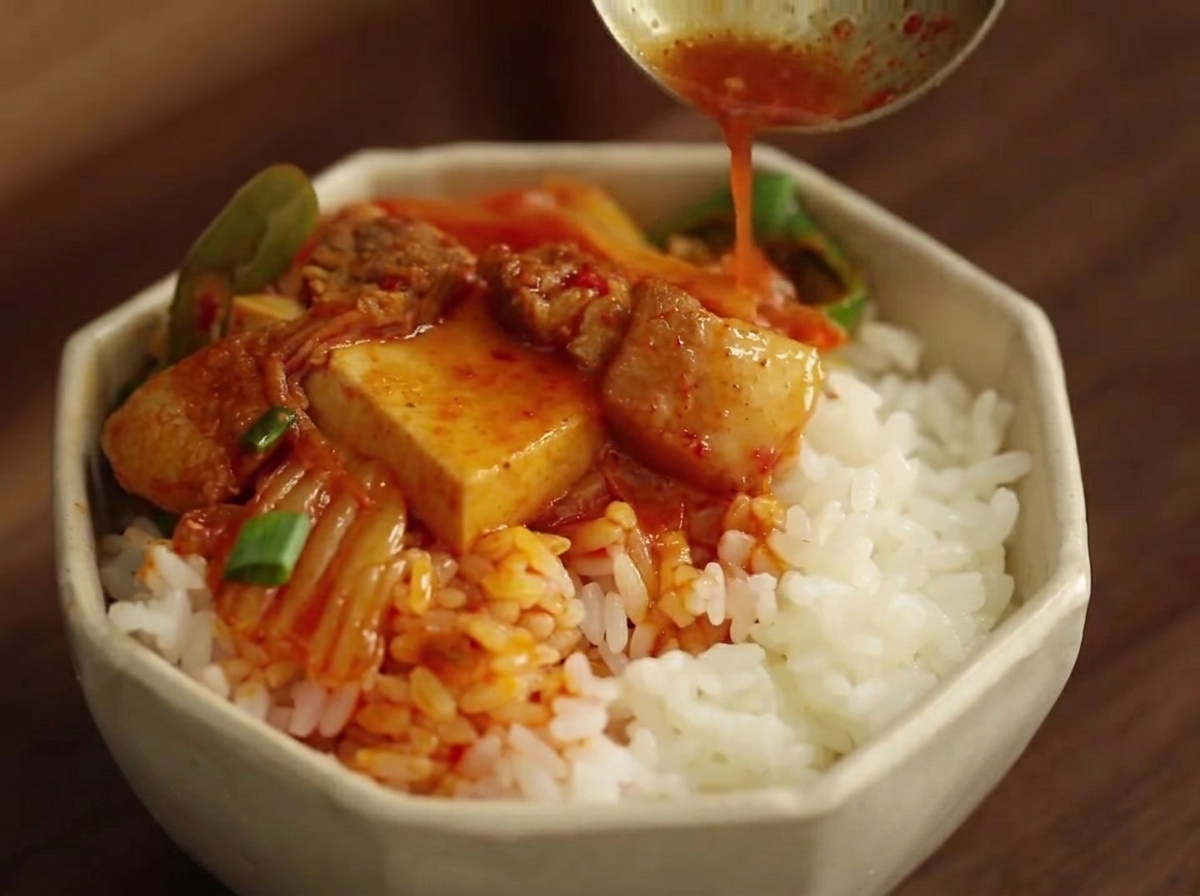 돼지고기, 채소, 김치, 양념이 잘 버무려져 볶아진 모습.