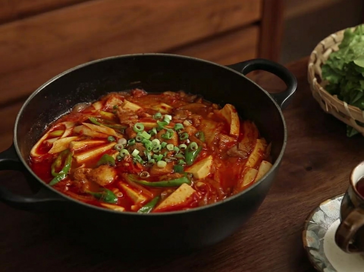 완성된 김치찌개 위에 다진 파를 뿌려 마무리한 모습.