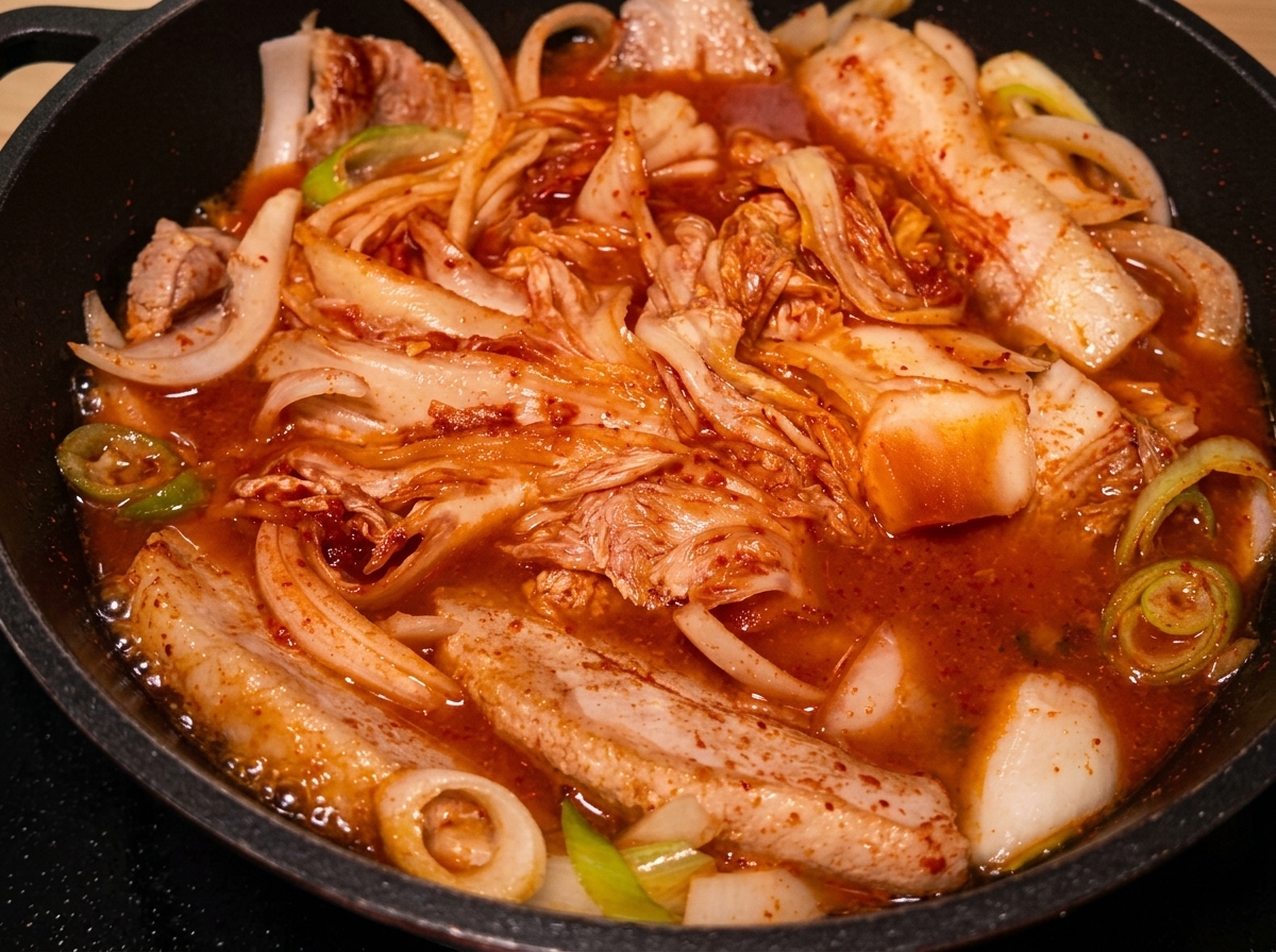 액체 양념을 끓고 있는 김치찜에 넣는 모습.